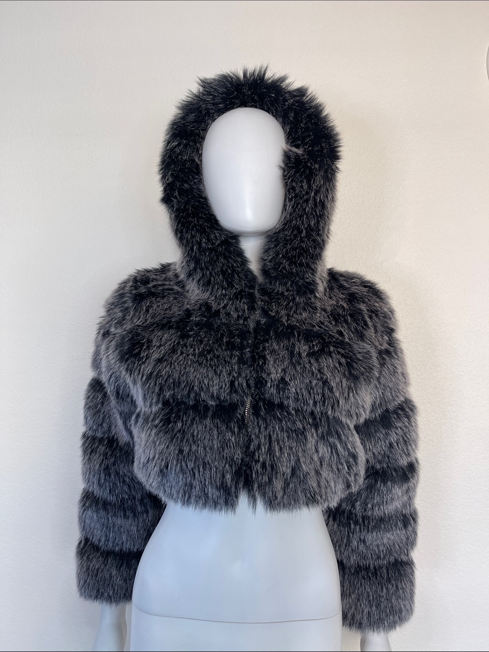 Cropped Plush Hooded Teddy Jacket in Charcoal